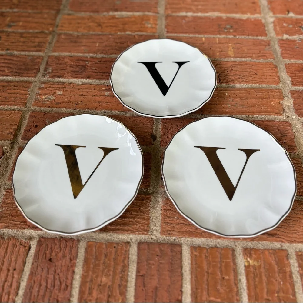 Set of 3 New Williams Sonoma White & Gold Monogram Initial V Appetizer Plates